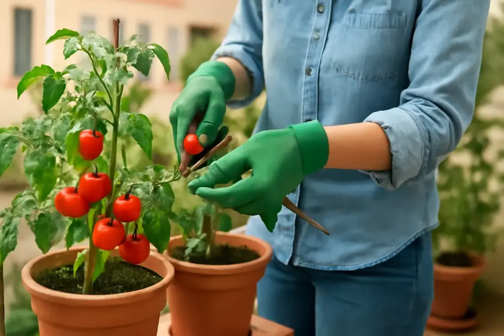Potare i pomodori in vaso: il passaggio che raddoppia la produzione in balcone